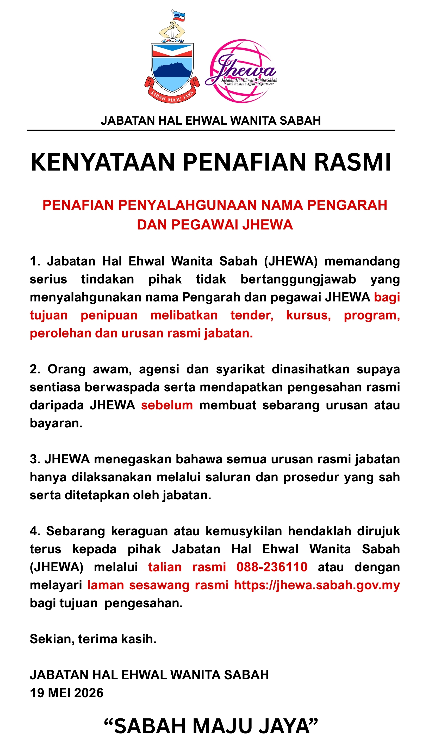 KENYATAAN PENAFIAN RASMI